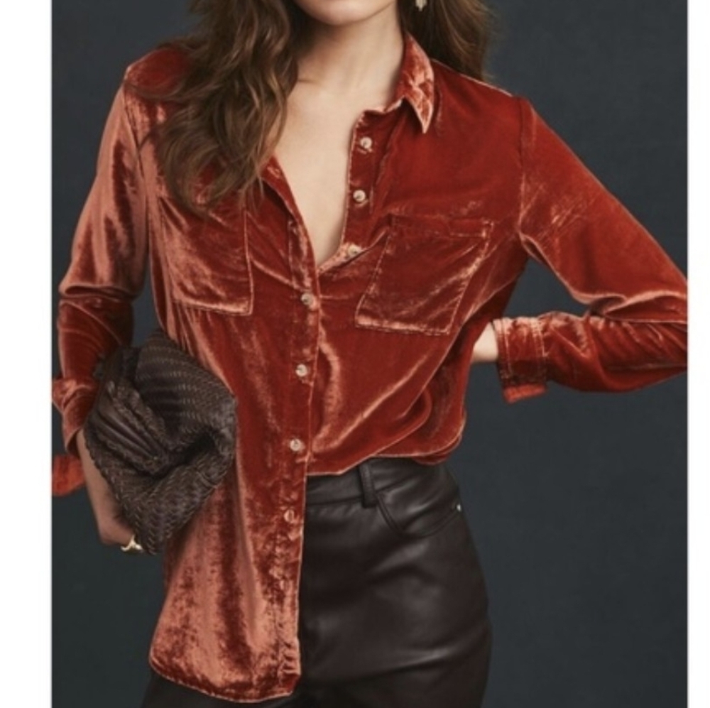 NWT Anthropologie Pilcro Relaxed Velvet Button Down Shirt Burnt Orange Sz XS